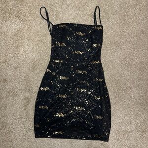 Elegant Black and Gold Sequin Going Out Club Bachelorette Mini Dress